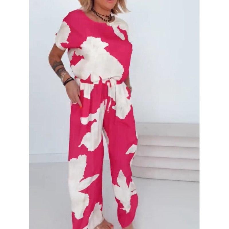 Ensemble estival à manches courtes, imprimé rose et blanc, et pantalon à jambes larges, 2 pièces
