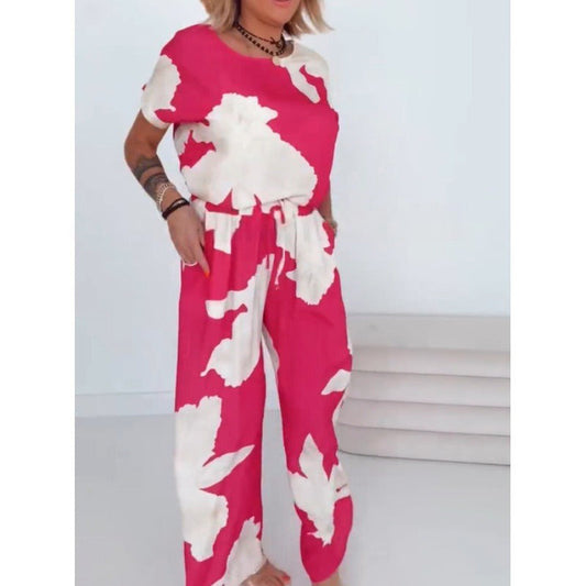 Ensemble estival à manches courtes, imprimé rose et blanc, et pantalon à jambes larges, 2 pièces