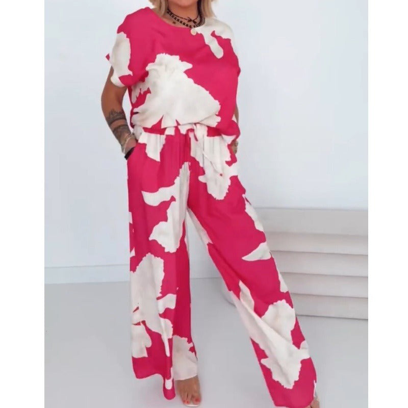 Ensemble estival à manches courtes, imprimé rose et blanc, et pantalon à jambes larges, 2 pièces