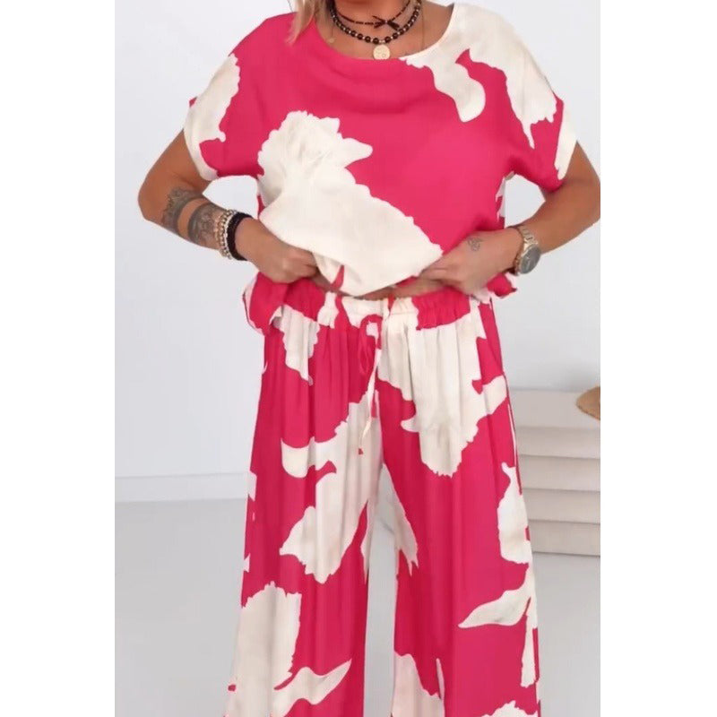 Ensemble estival à manches courtes, imprimé rose et blanc, et pantalon à jambes larges, 2 pièces