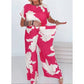 Ensemble estival à manches courtes, imprimé rose et blanc, et pantalon à jambes larges, 2 pièces
