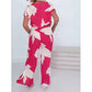 Ensemble estival à manches courtes, imprimé rose et blanc, et pantalon à jambes larges, 2 pièces