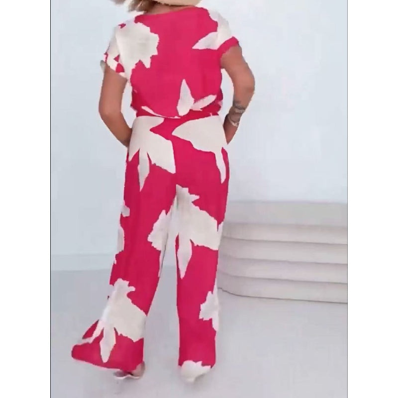 Ensemble estival à manches courtes, imprimé rose et blanc, et pantalon à jambes larges, 2 pièces