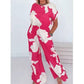 Ensemble estival à manches courtes, imprimé rose et blanc, et pantalon à jambes larges, 2 pièces