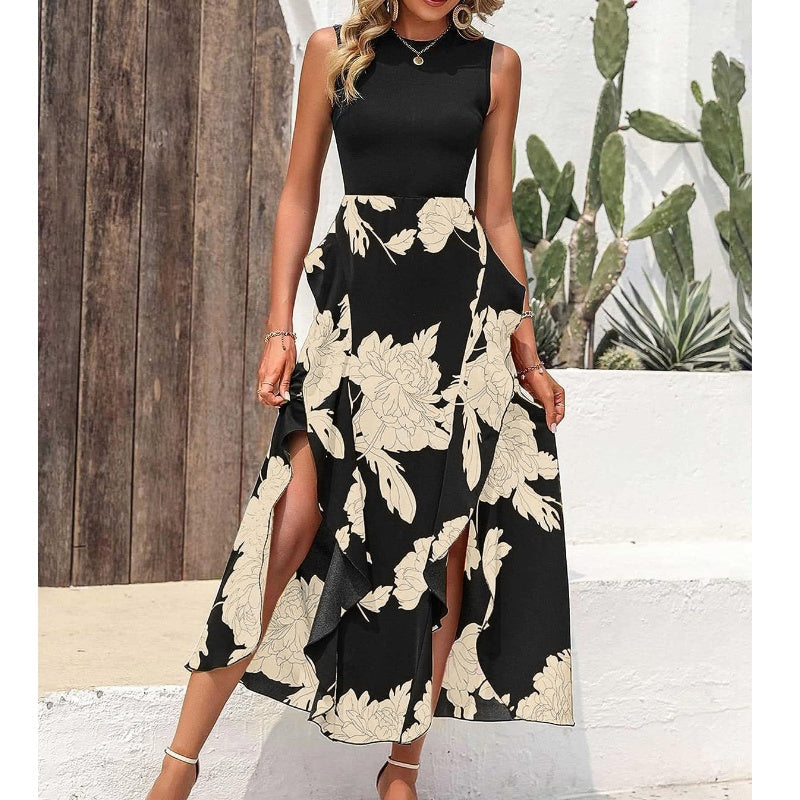 Summer Round Neck Sleeveless Floral Ruffled Dress