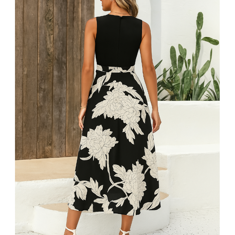Summer Round Neck Sleeveless Floral Ruffled Dress