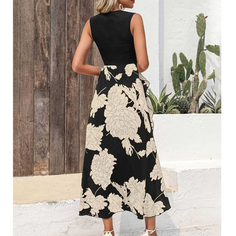Summer Round Neck Sleeveless Floral Ruffled Dress