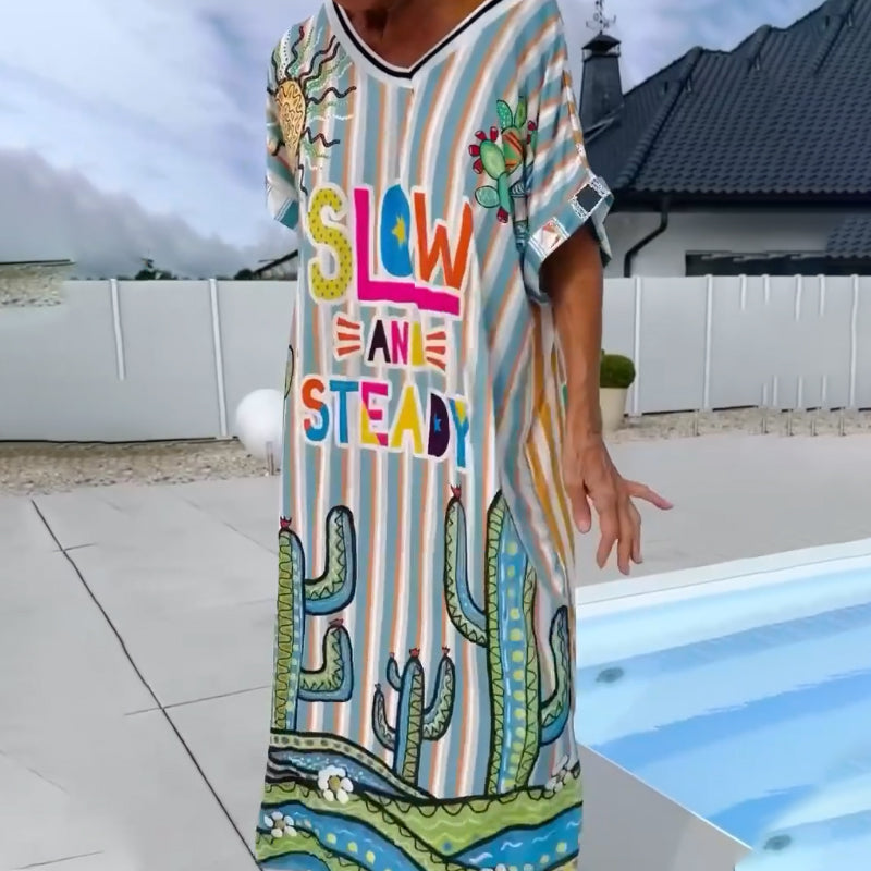 Robe femme à imprimé tendance, manches courtes et col en V