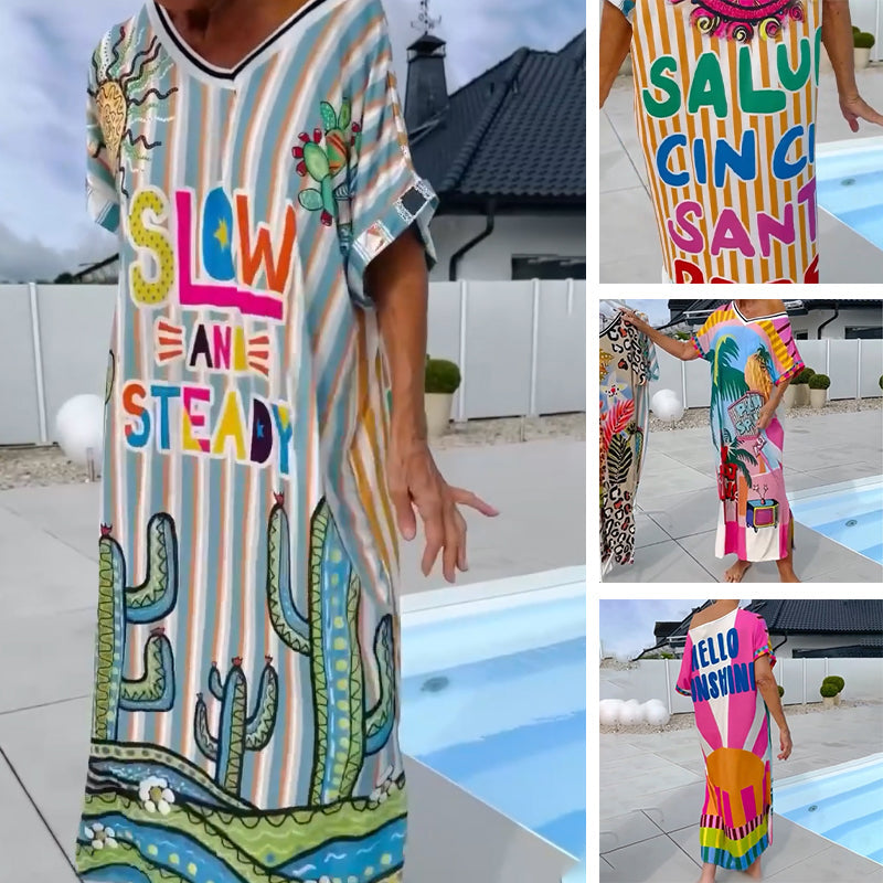 Robe femme à imprimé tendance, manches courtes et col en V