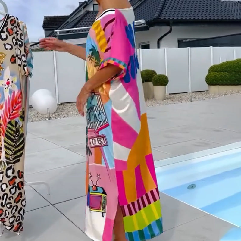 Robe femme à imprimé tendance, manches courtes et col en V