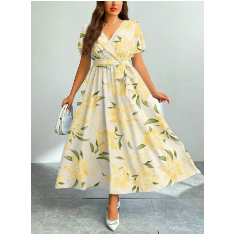 Summer Vacation Style Floral Lace-Up Long Dress