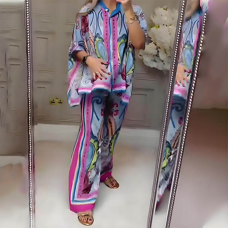 Ensemble chemisier à boutons color block et pantalon large