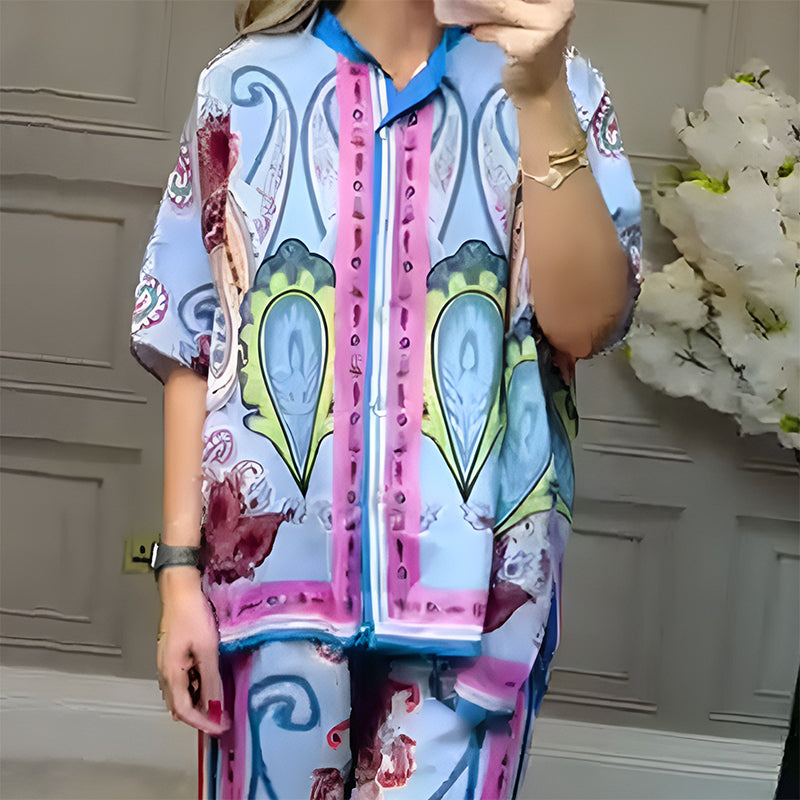 Ensemble chemisier à boutons color block et pantalon large