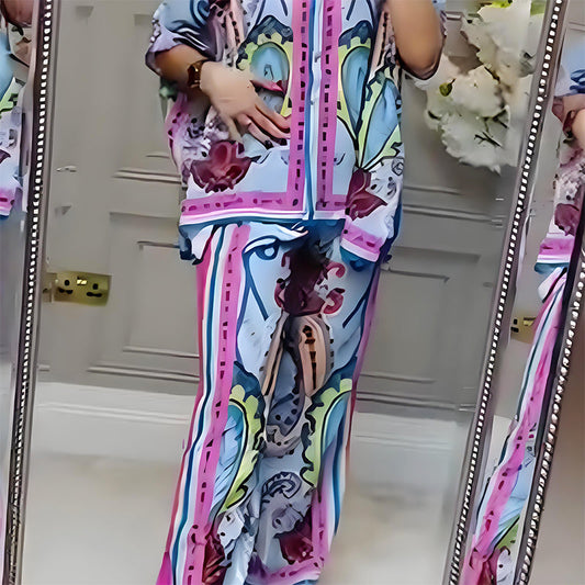 Ensemble chemisier à boutons color block et pantalon large