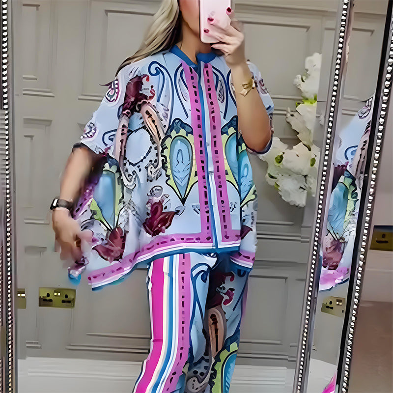 Ensemble chemisier à boutons color block et pantalon large