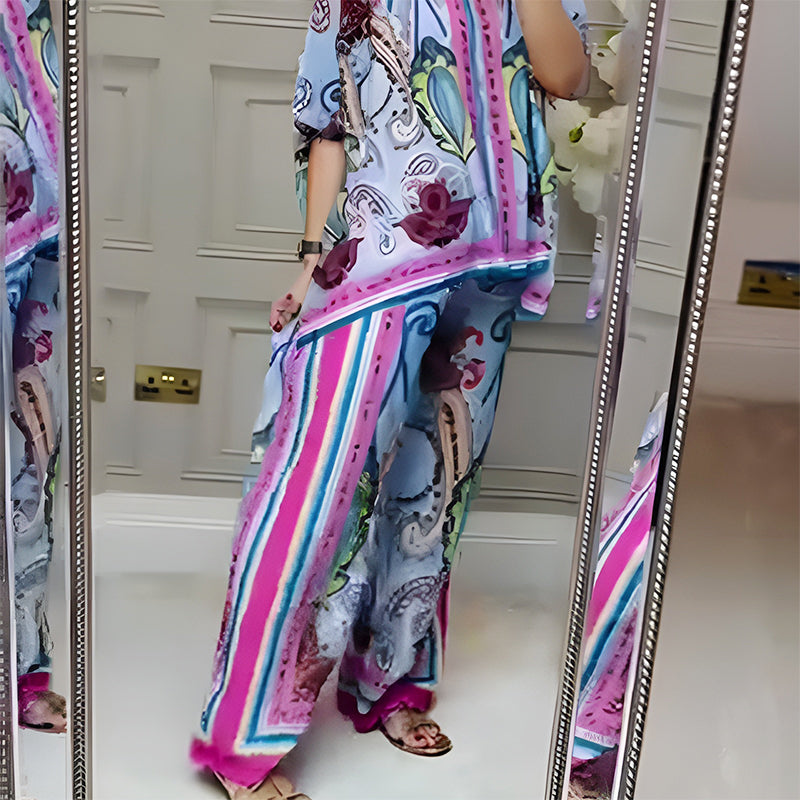 Ensemble chemisier à boutons color block et pantalon large