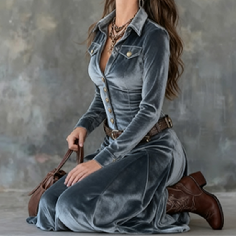 Robe longue à manches longues en velours pour femme