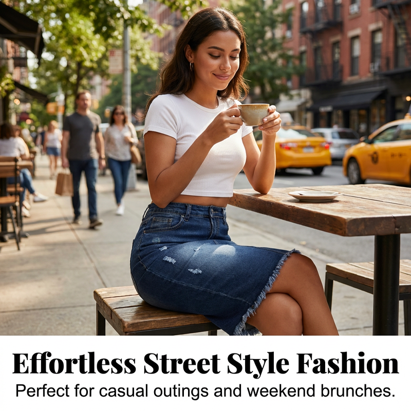 Jupe en jean taille haute à ourlet effiloché pour femme