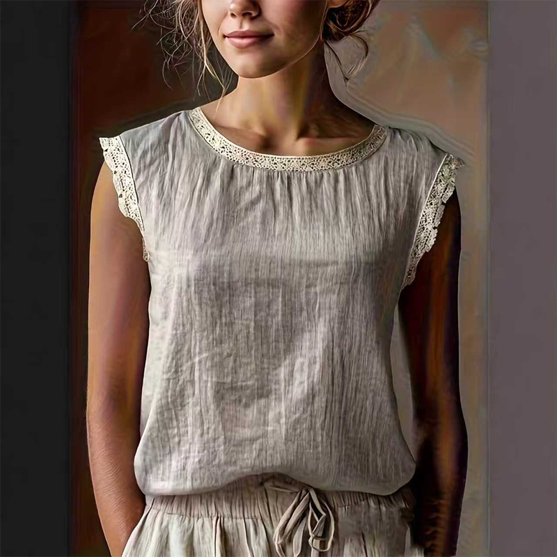 Blouse femme sans manches avec bordure en dentelle