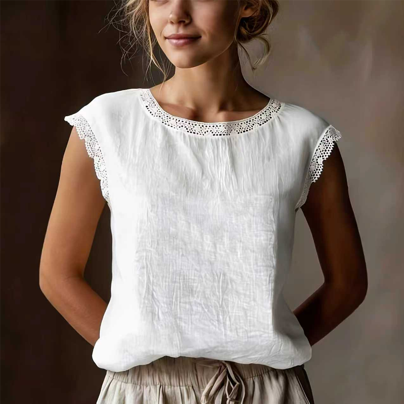 Blouse femme sans manches avec bordure en dentelle