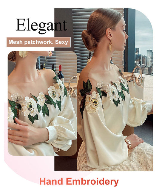 Chemise à col brodé et patchwork de dentelle