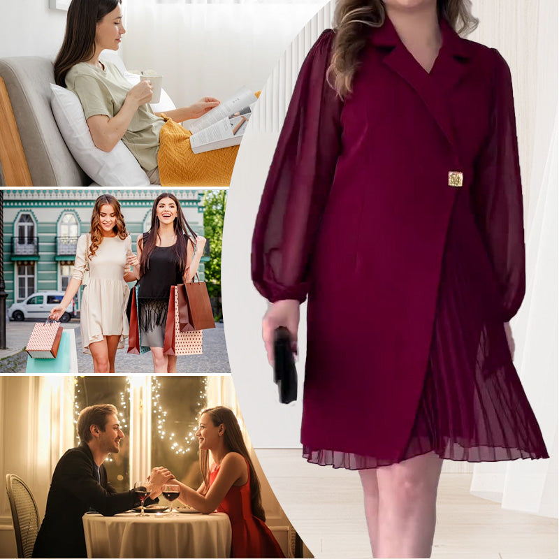 Robe Plissée Définie à La Taille avec Col à Revers Pour Femmes