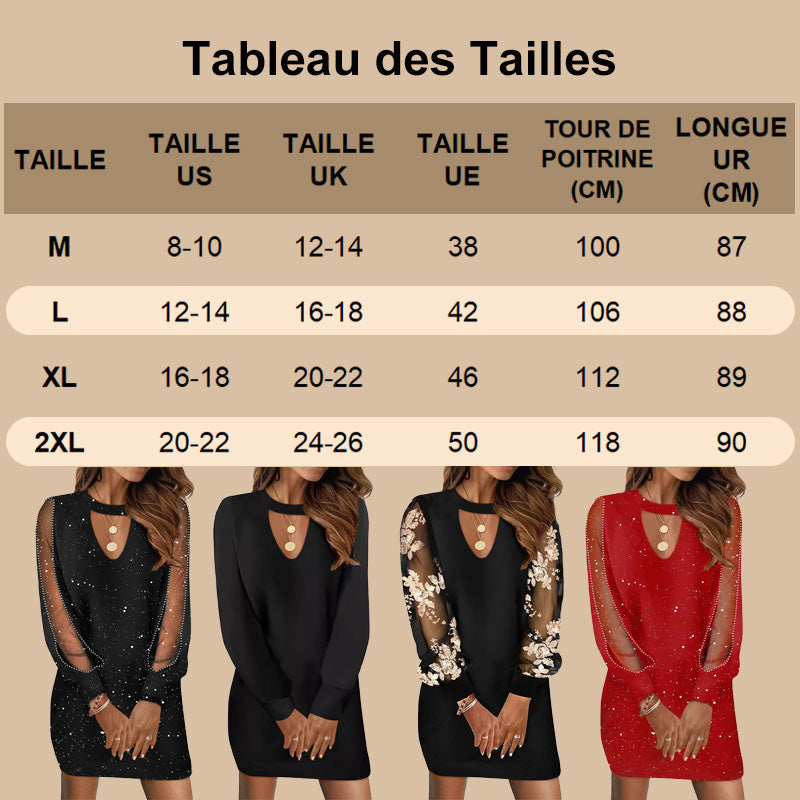 Robe Courte Imprimée à Col en V Creux et Dentelle à Manches Longues