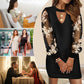 Robe Courte Imprimée à Col en V Creux et Dentelle à Manches Longues