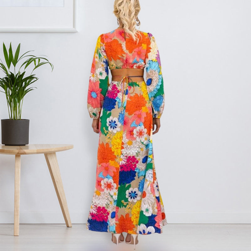Robe à Manches Longues Bouffantes avec Découpes à la Taille