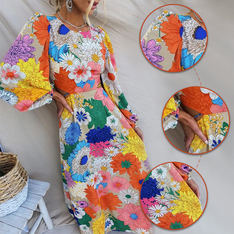 Robe à Manches Longues Bouffantes avec Découpes à la Taille