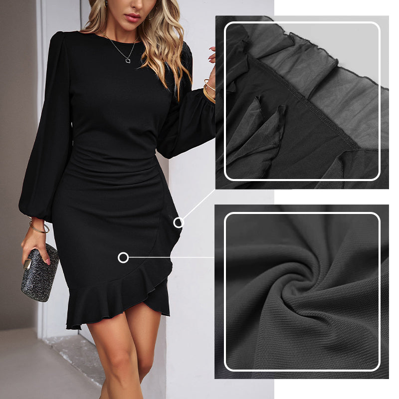 Robe Enveloppante Hanche à Manches Bouffantes de Couleur Unie