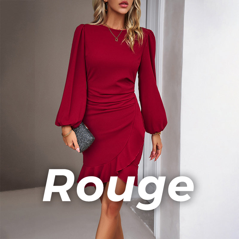 Robe Enveloppante Hanche à Manches Bouffantes de Couleur Unie