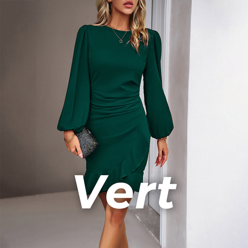 Robe Enveloppante Hanche à Manches Bouffantes de Couleur Unie